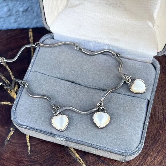 Mother of Pearl Sterling Silver Heart Anklet or Long Bracelet Ankle - Picture 2 of 5